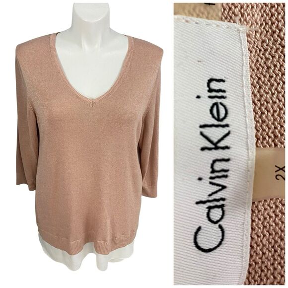 Calvin Klein Sweater Womens Sz 2X Lagenlook Preppy V Neck Peach Officecore Basic - Picture 1 of 11